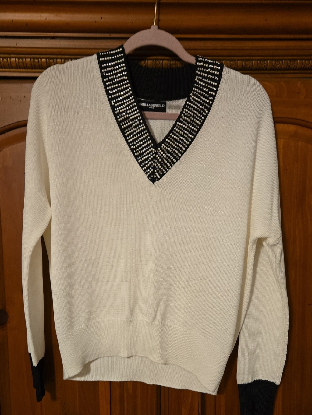Karl Lagerfeld Cream V-Neck Sweater with Black Embellished Trim Xs